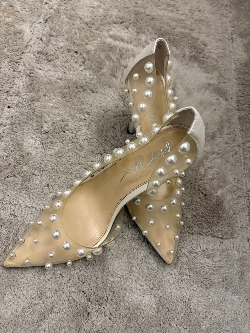 Betsey Johnson Pearl-Embellished Clear and White Pointed Toe Heels